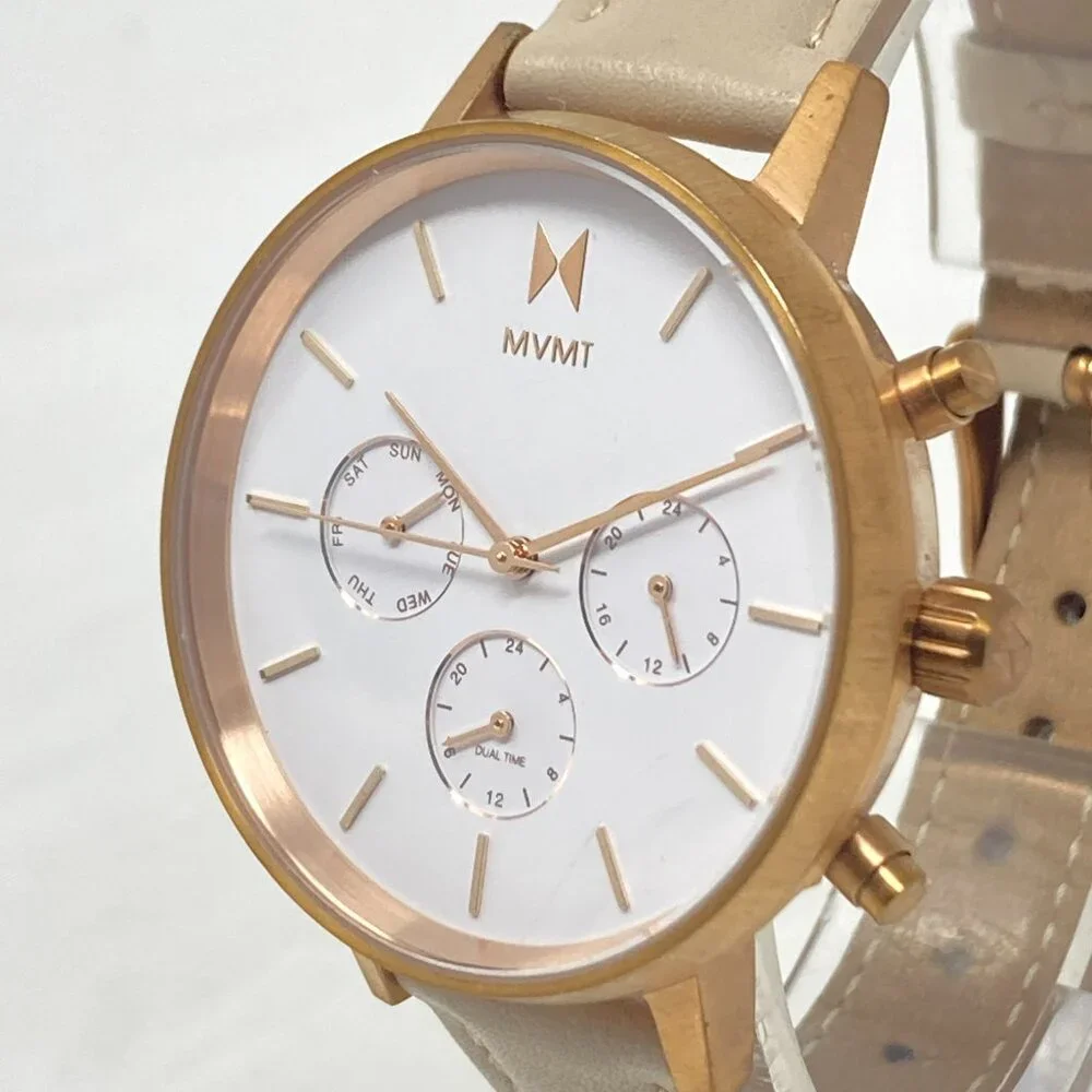 MVMT Nova Luna Women Watch 37mm Rose Gold Tone Dual Time Day Leather New Battery